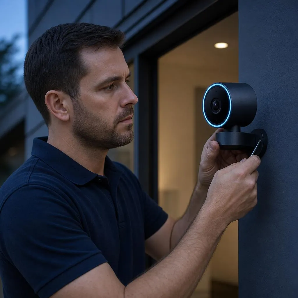 Técnico certificado instalando una cámara de seguridad